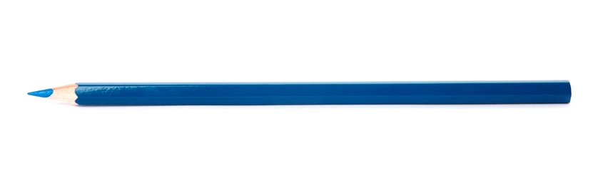 Photo of Blue wooden pencil on white background. School stationery