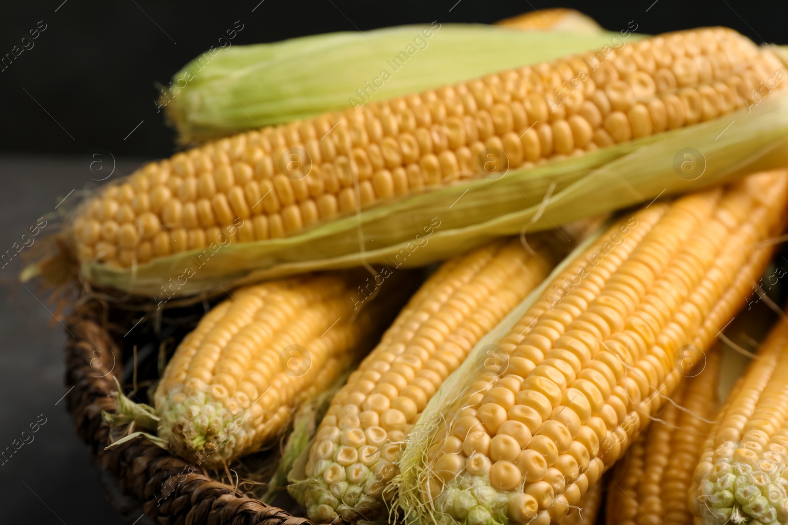 Photo of Basket with tasty sweet corn cobs, closeup