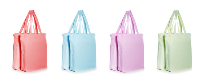 Image of Set of colorful eco bags on white background. Banner design