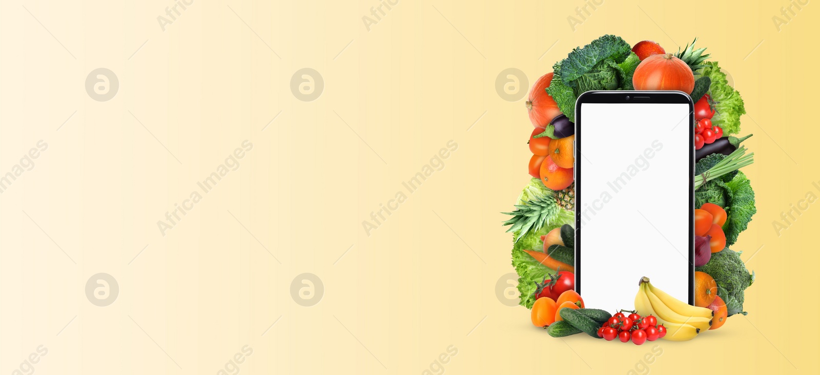 Image of Internet shopping. Smartphone surrounded by fruits and vegetables on light orange background. Banner design with space for text