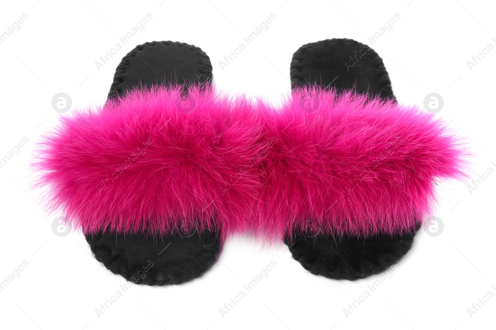 Photo of Pair of fluffy slippers isolated on white