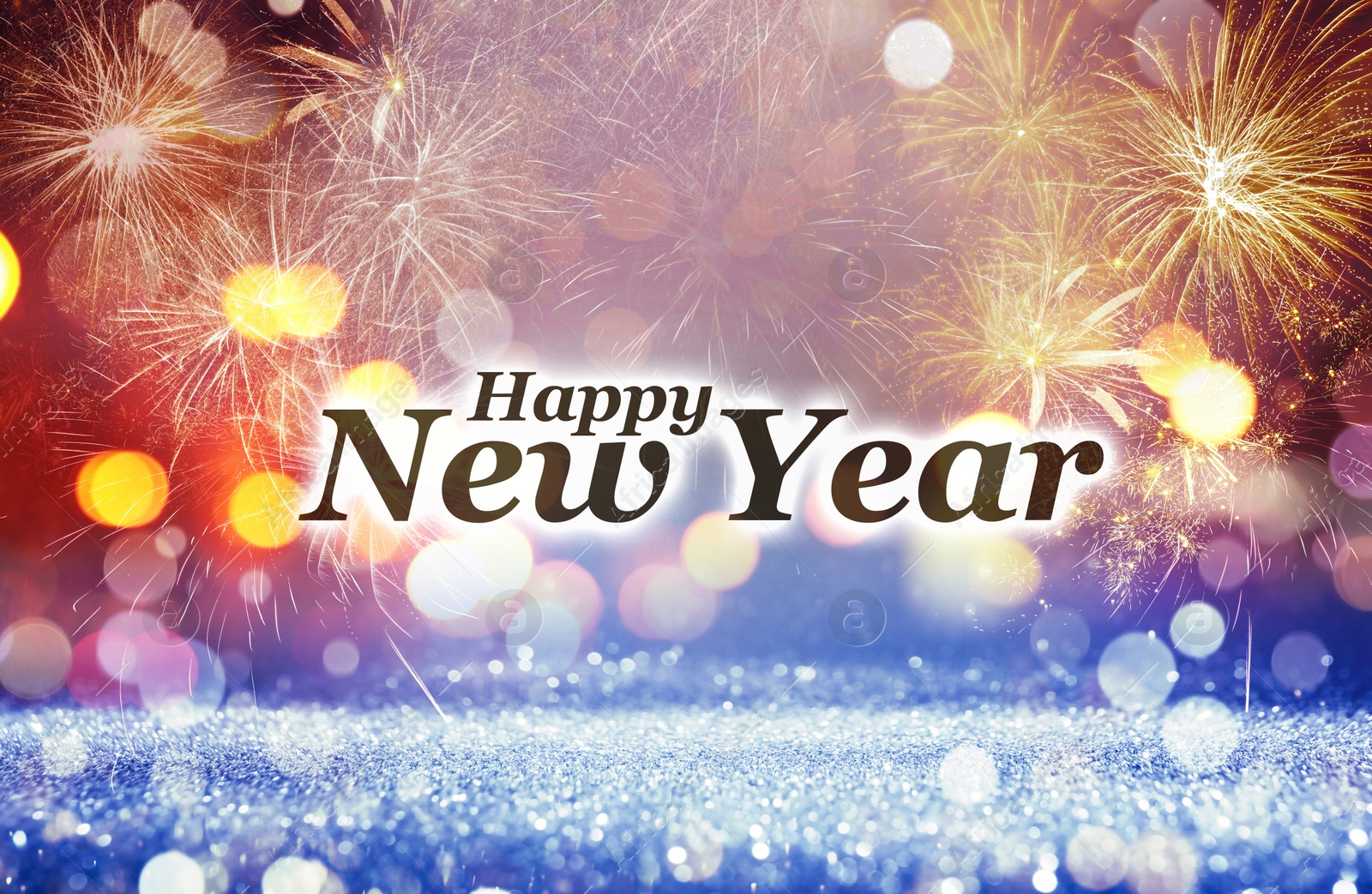 Image of Text Happy New Year on festive background with fireworks, bokeh effect