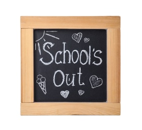 Photo of Blackboard with words School's Out and pictures isolated on white. Summer holidays
