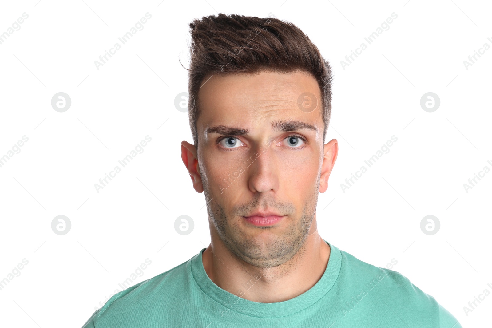 Photo of Young man with double chin on white background