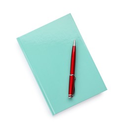 Photo of New turquoise planner with pen isolated on white, top view