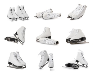 Image of Set with ice skates on white background
