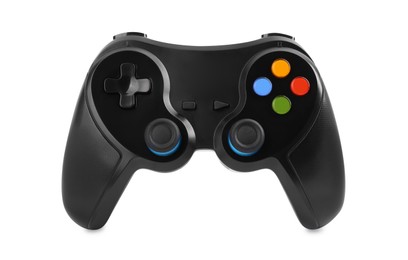 Black wireless controller on white background. Video game device