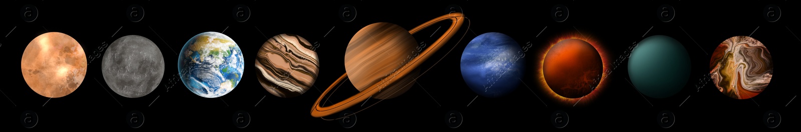 Illustration of Set with many different planets on dark background, banner design