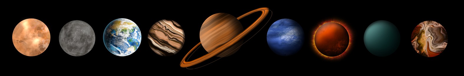 Illustration of Set with many different planets on dark background, banner design