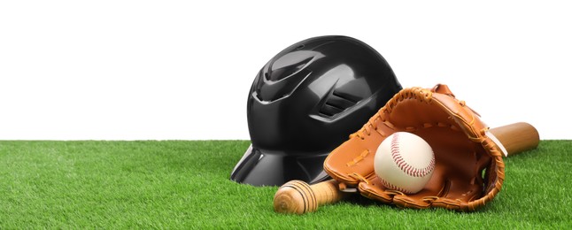 Baseball bat, ball, batting helmet and glove on artificial grass against white background, space for text