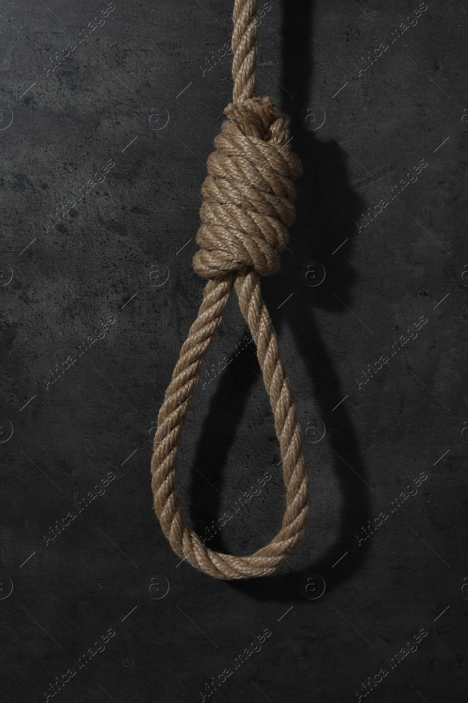 Photo of Tied rope noose against grey stone background