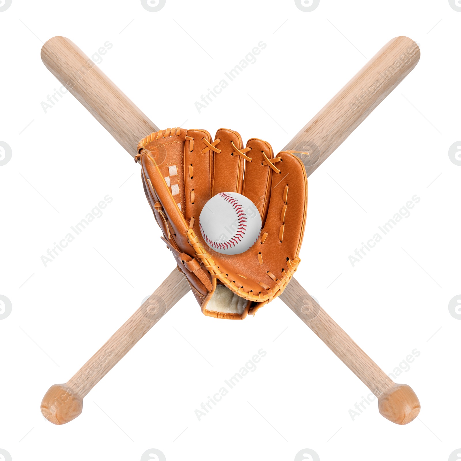 Image of Baseball ball, pitcher and two crossed wooden bats isolated on white