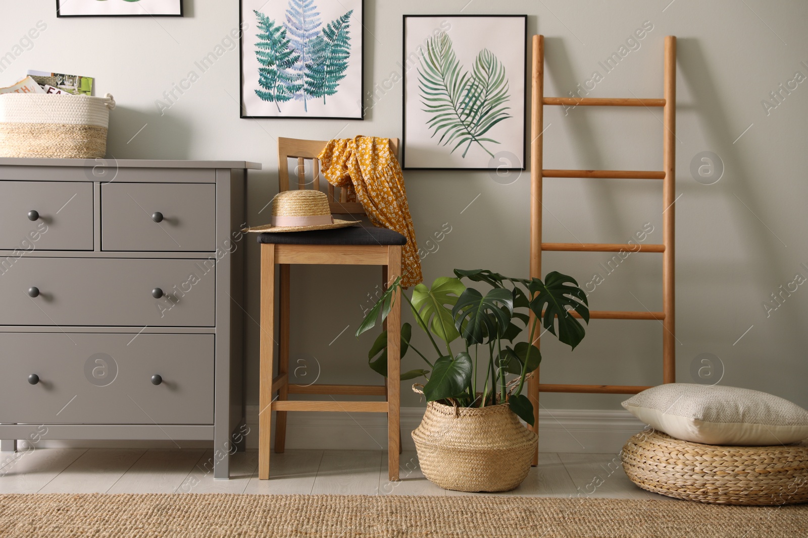 Photo of Stylish room interior with decorative ladder and monstera plant