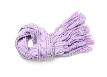 Photo of Lilac knitted scarf isolated white, top view