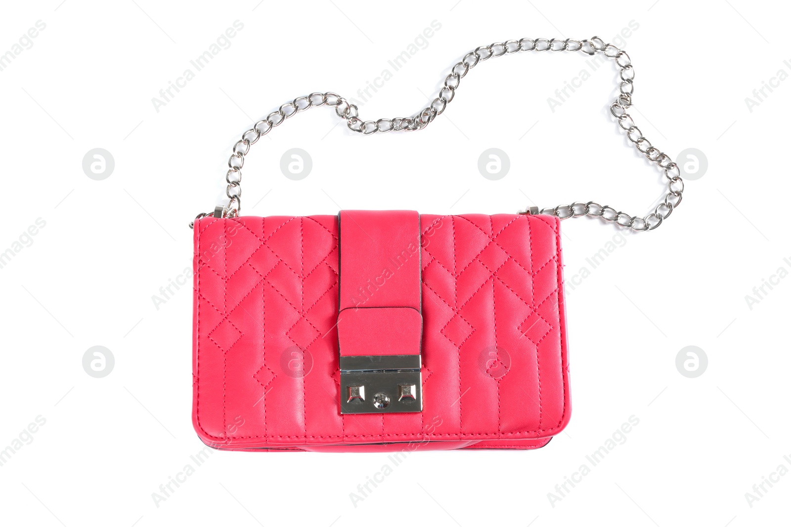 Photo of Stylish pink leather bag isolated on white, top view