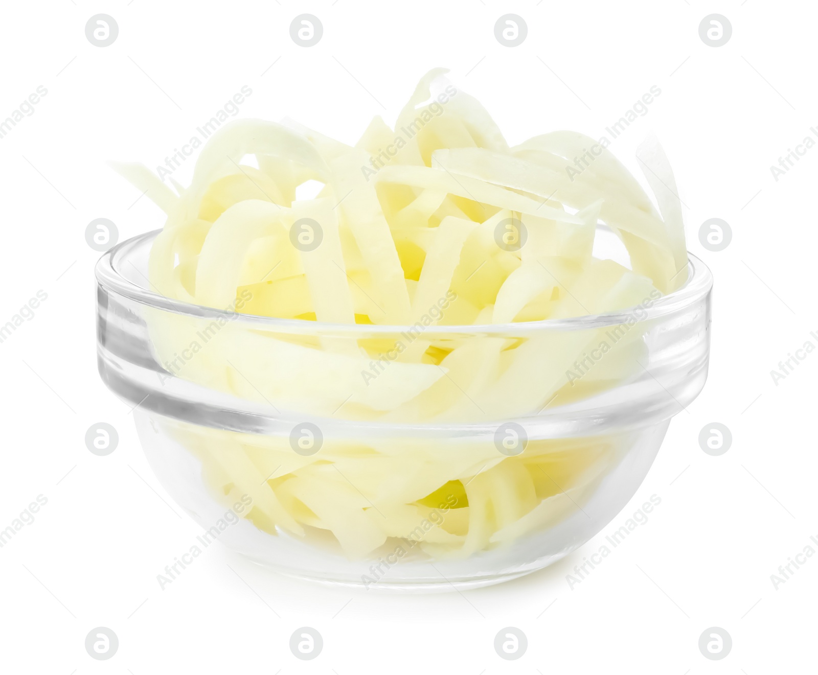 Photo of Tasty raw carrot noodles in glass bowl isolated on white