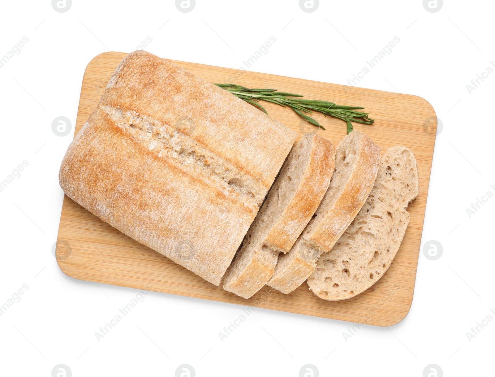 Photo of Delicious ciabatta with rosemary isolated on white, top view