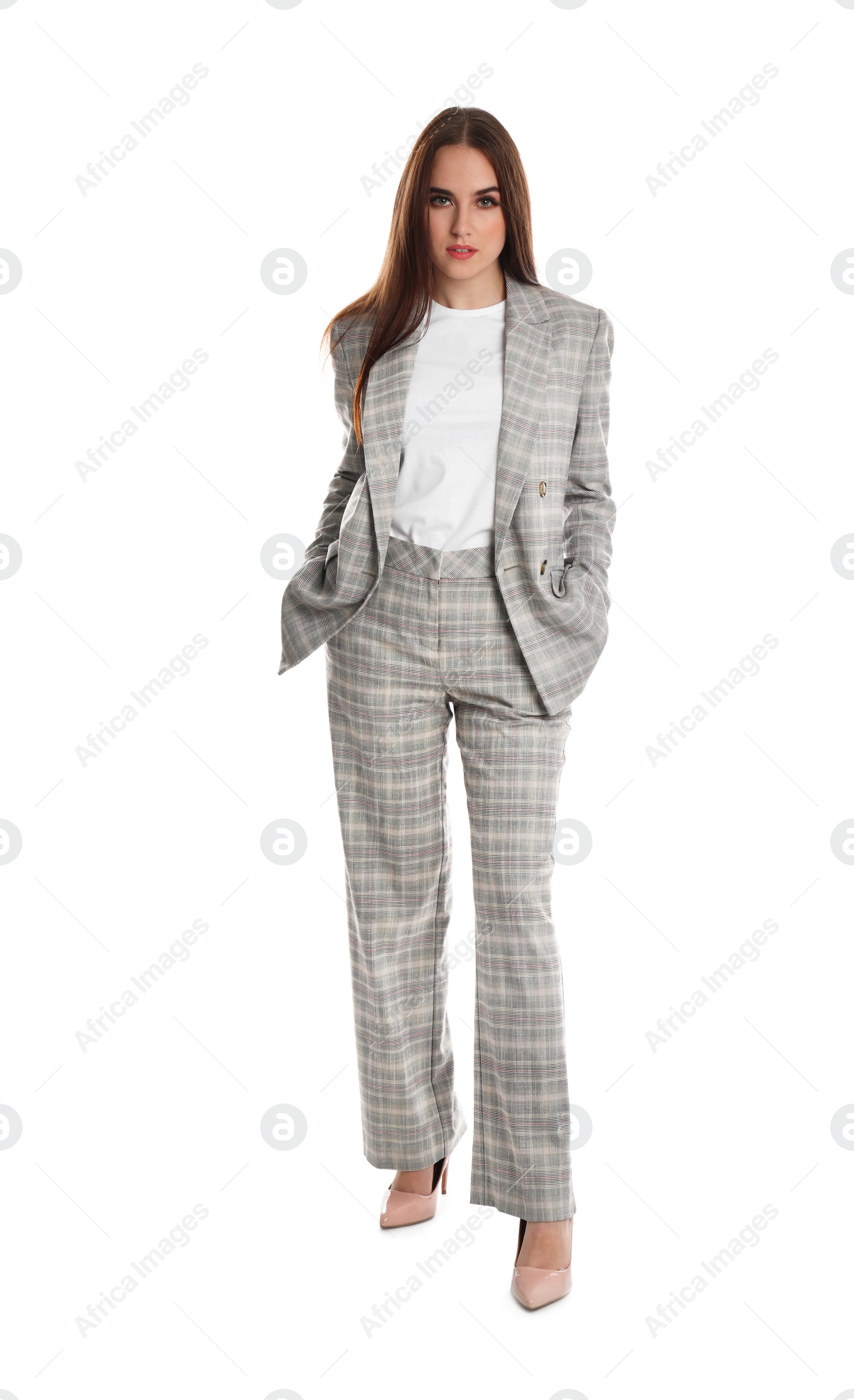 Photo of Full length portrait of young businesswoman on white background