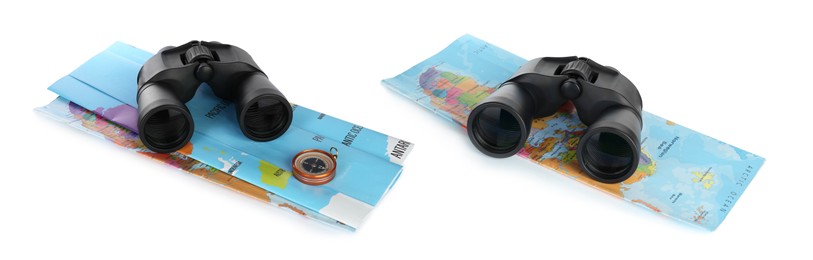 Binoculars, maps and compass on white background