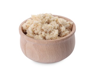 Photo of Bowl of tasty prepared horseradish isolated on white