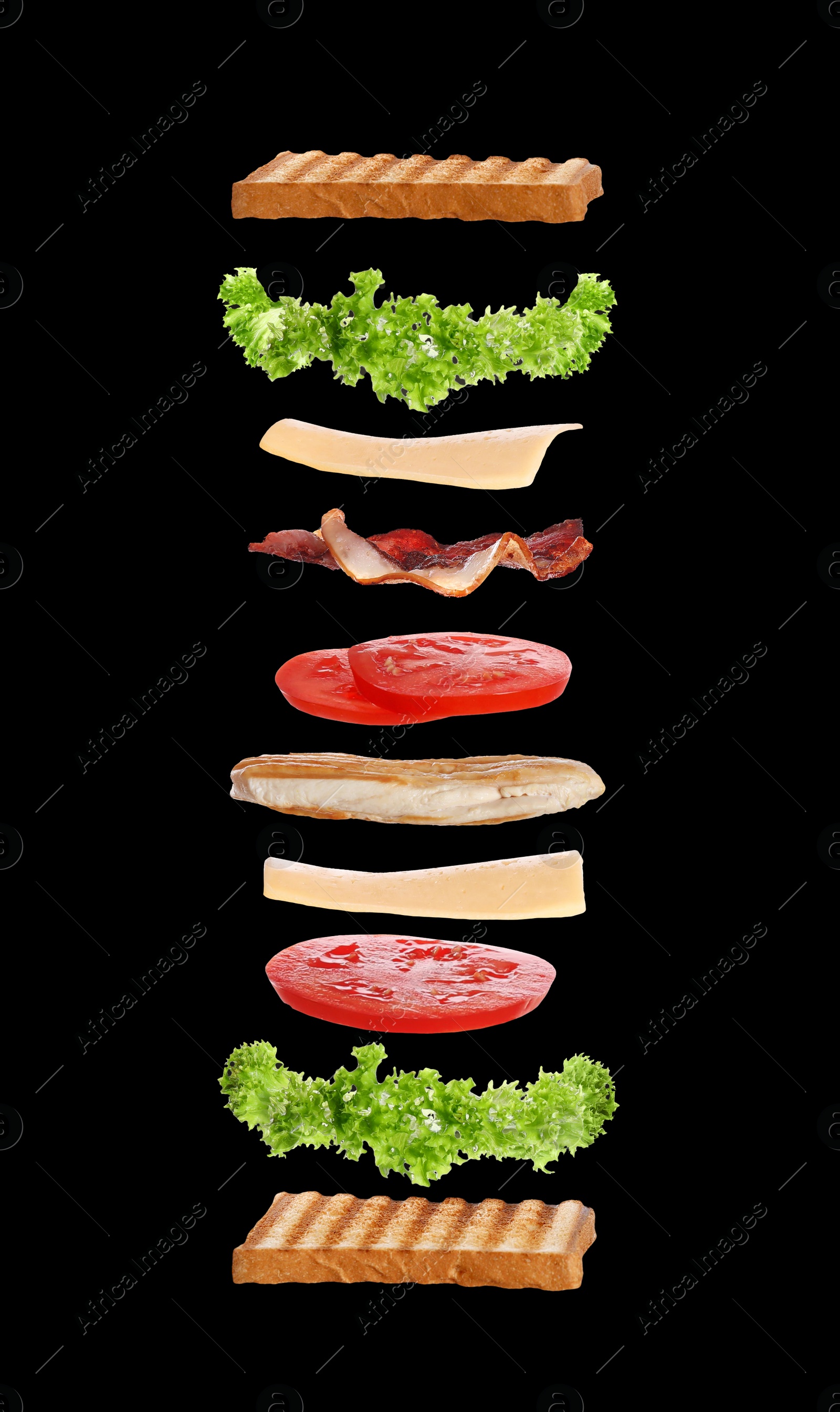 Image of Delicious sandwich with toasted bread on black background