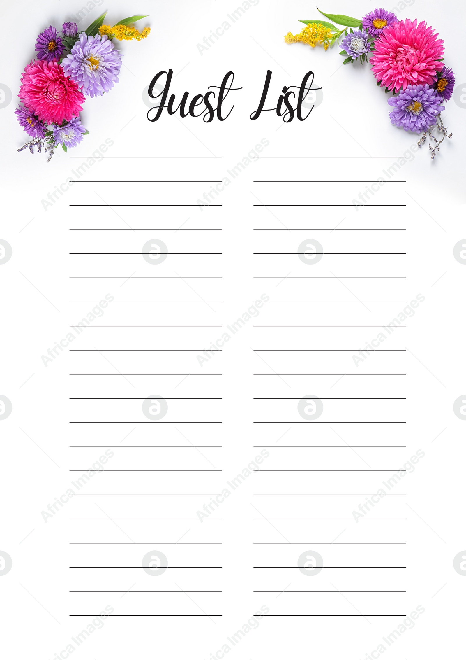 Image of Guest list design with beautiful flowers and empty lines