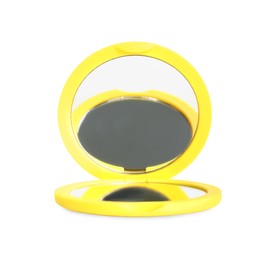 Photo of Yellow cosmetic pocket mirror isolated on white