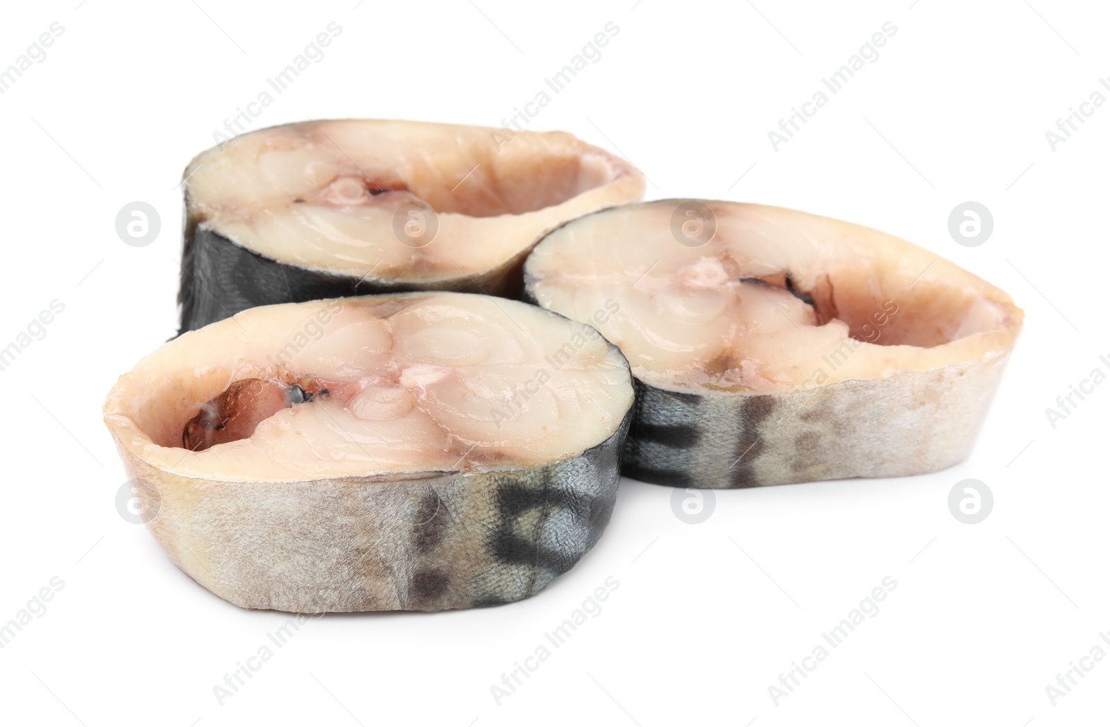 Photo of Pieces of mackerel fish on white background