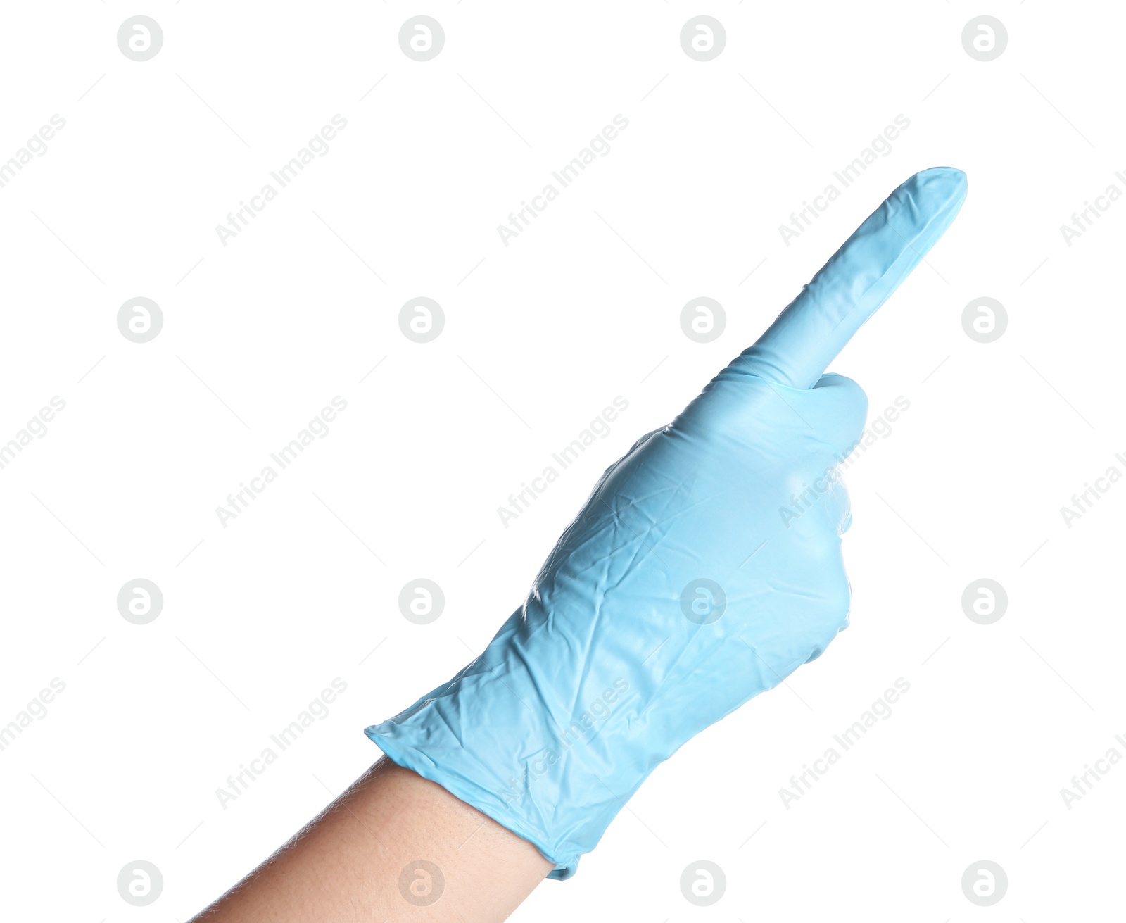 Photo of Doctor in medical glove pointing on white background