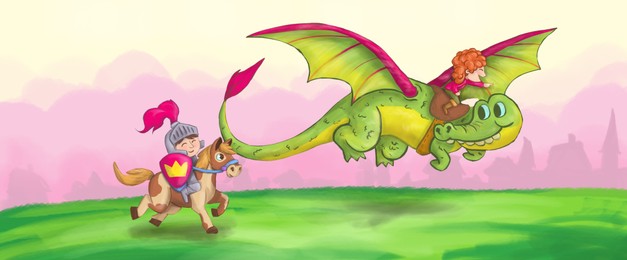 Illustration of Dragon flying with princess while knight riding horse, fairytale illustration. Banner design