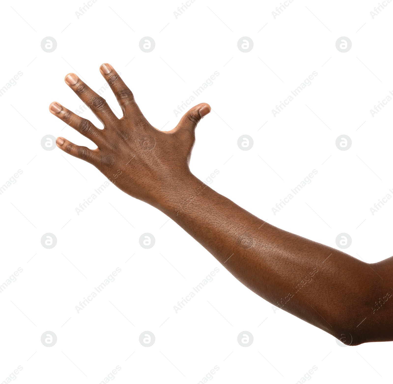 Photo of African-American man extending hand for shake on white background, closeup