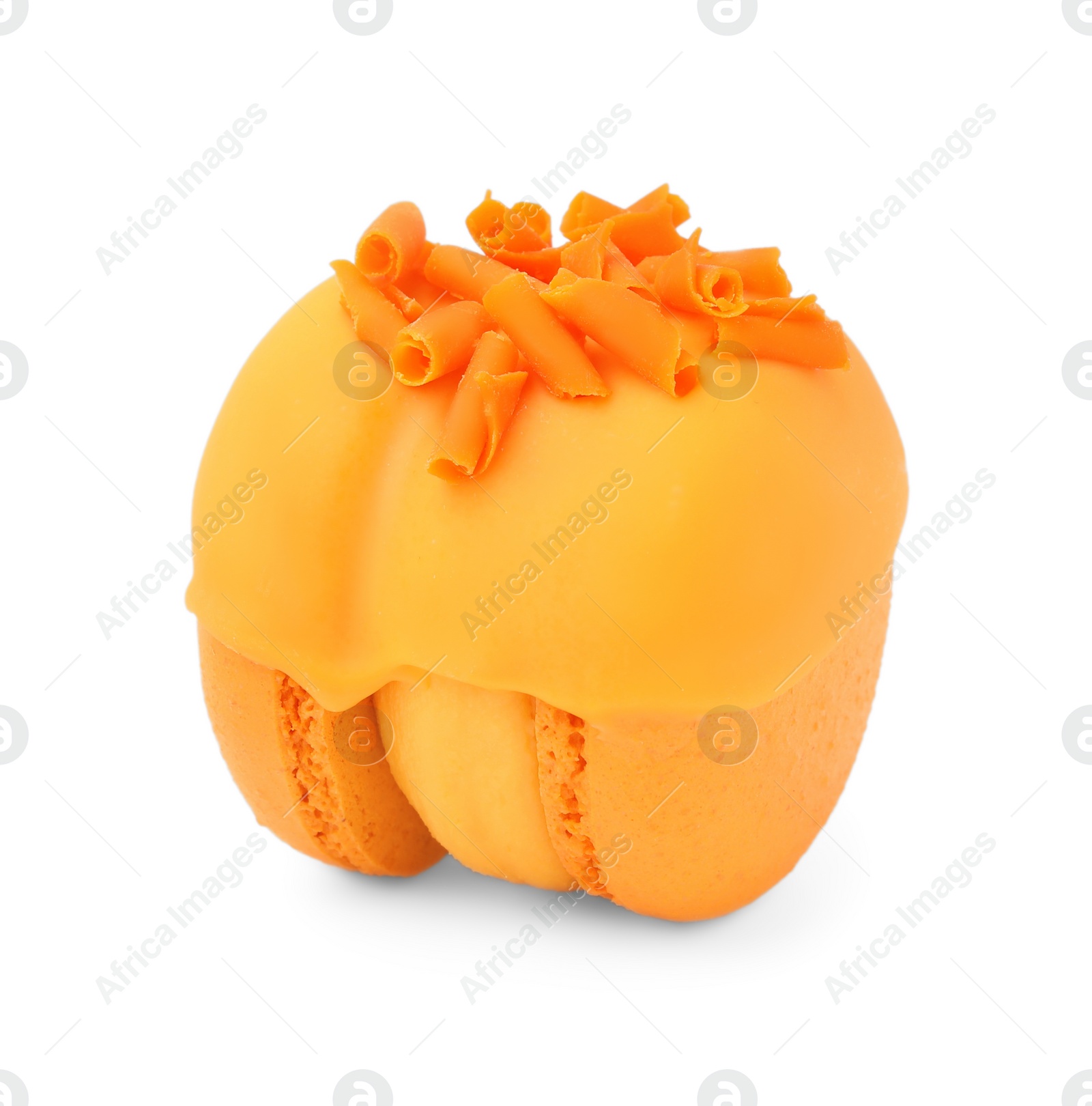 Photo of One delicious orange macaron isolated on white