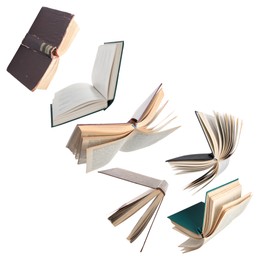 Image of Many hardcover books flying on white background