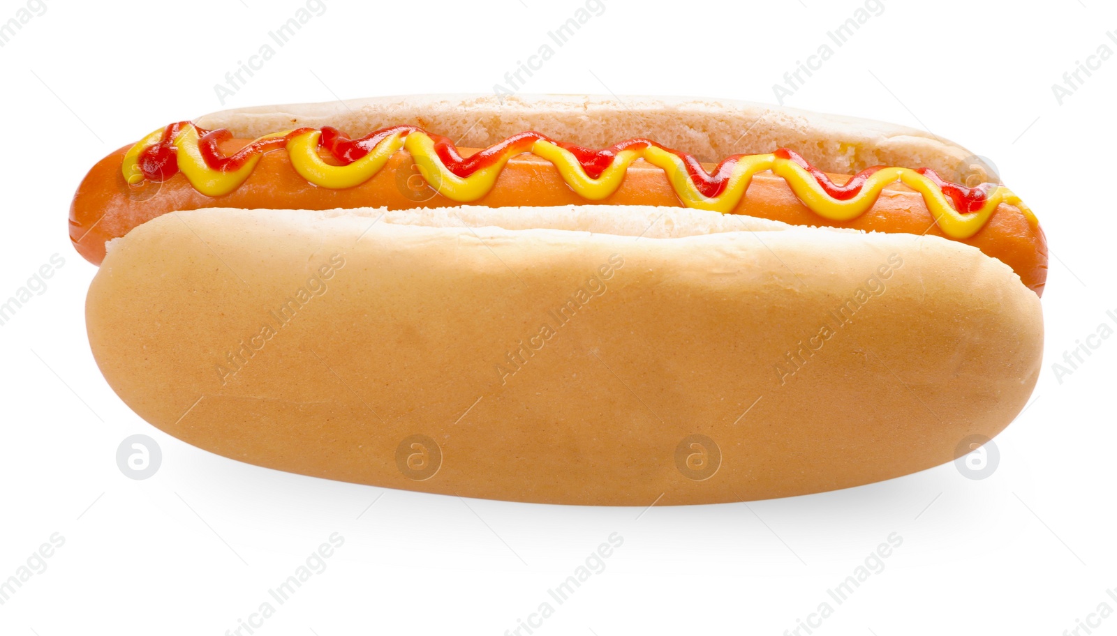 Photo of Delicious hot dog with sauces isolated on white