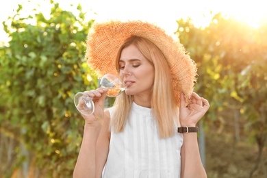 Young beautiful woman enjoying wine at vineyard