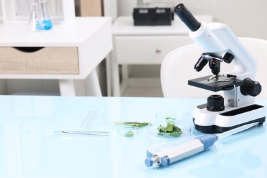 Food quality control. Microscope, petri dishes with herbs and other laboratory equipment on light blue table
