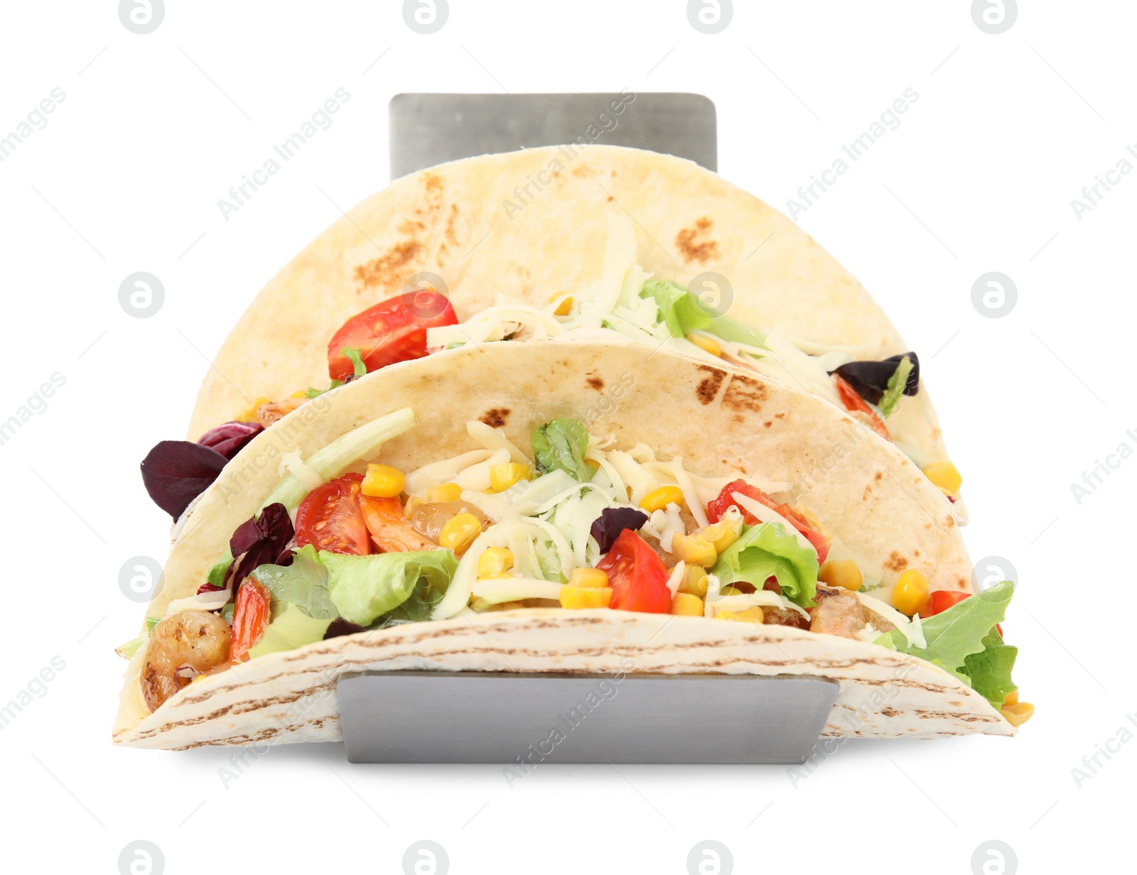 Photo of Delicious tacos with shrimps and cheese on white background