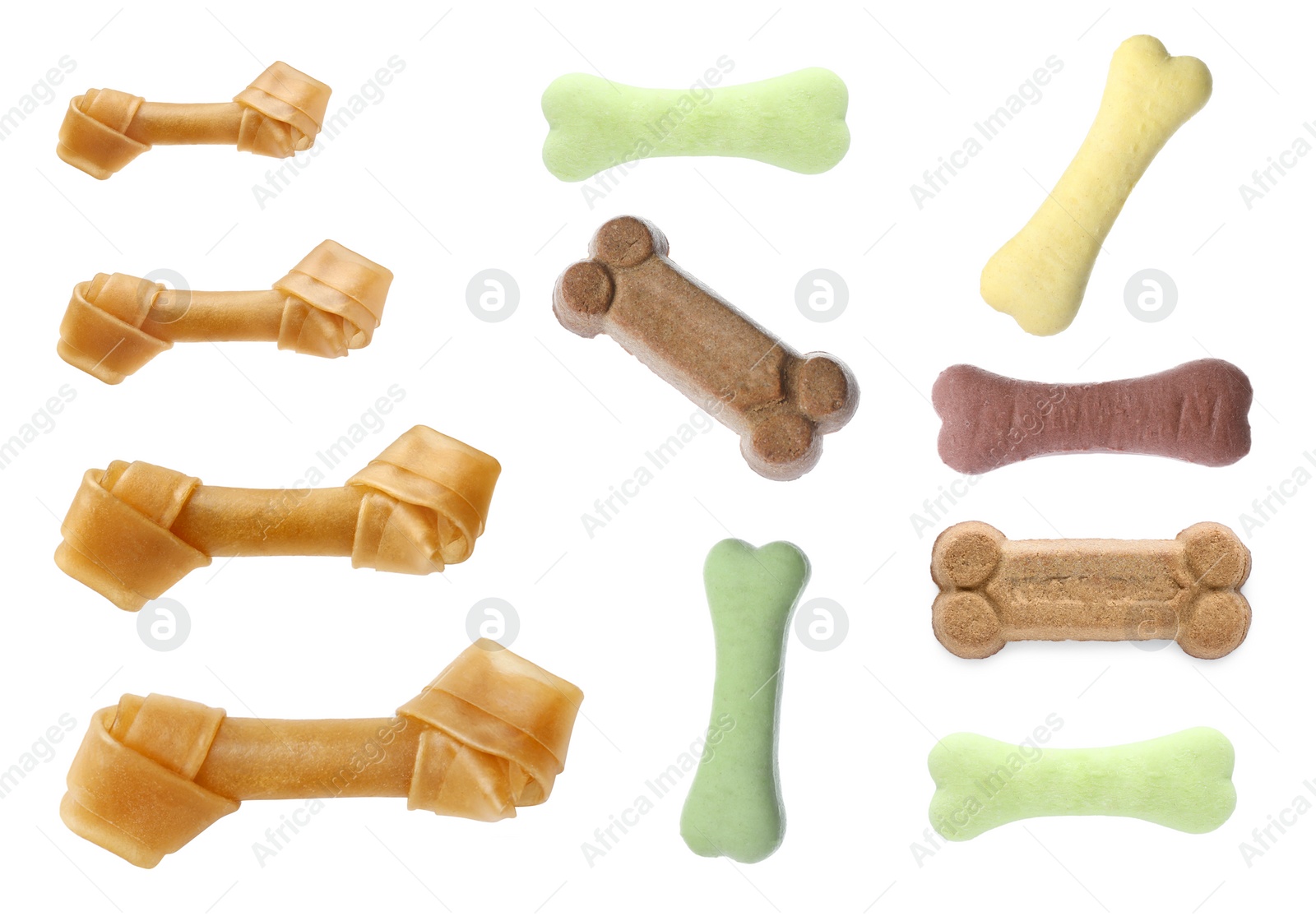 Image of Set with different bone dog treats on white background