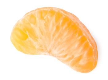 Photo of Piece of peeled fresh ripe tangerine isolated on white, top view