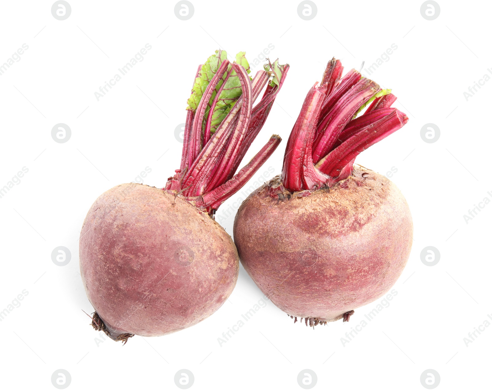 Photo of Fresh ripe beetroots on white background, top view