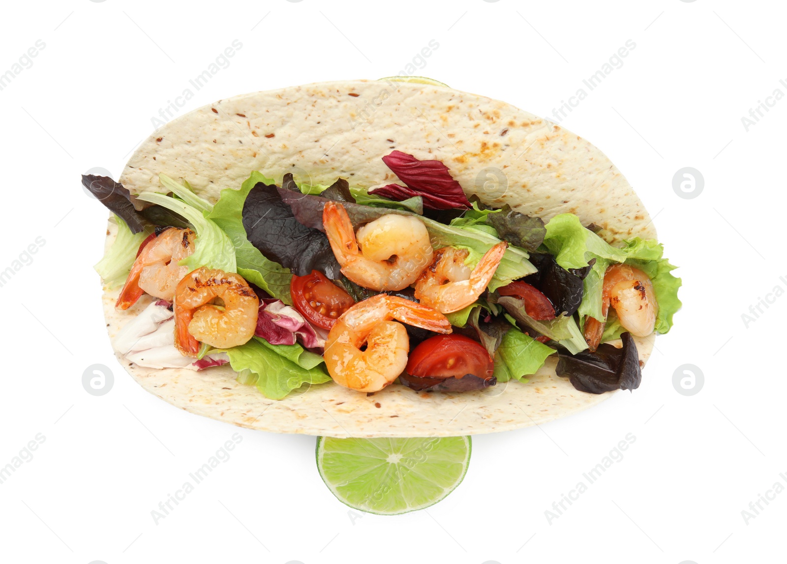 Photo of Delicious taco with shrimps and lime on white background, top view