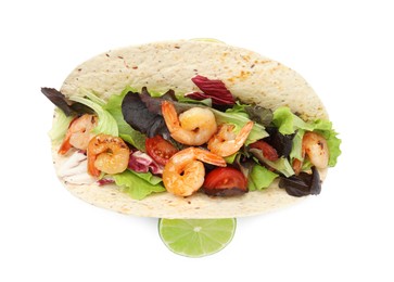 Delicious taco with shrimps and lime on white background, top view