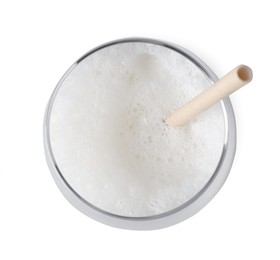 Photo of Glass of fresh milk with straw isolated on white, top view