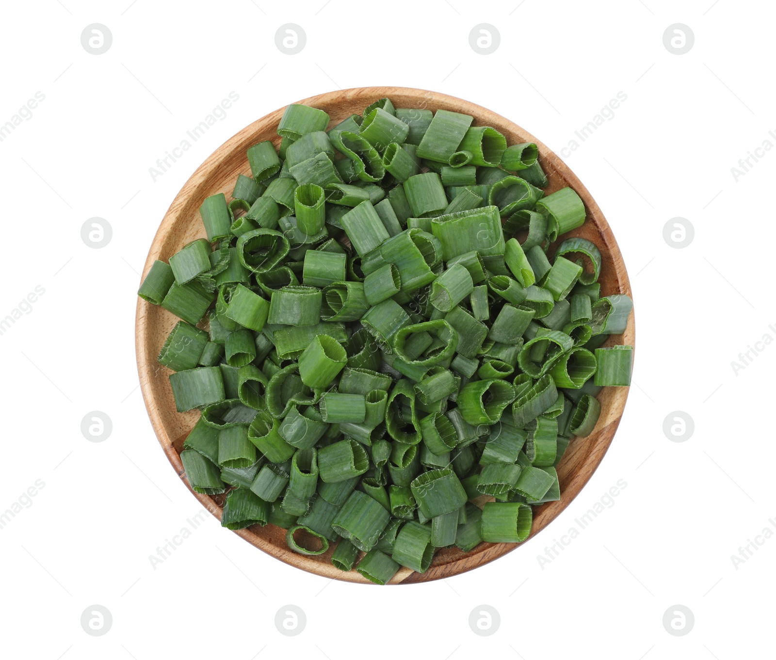 Photo of Chopped fresh green onion isolated on white, top view