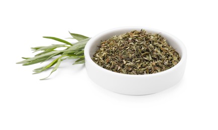 Photo of Bowl of dry tarragon and fresh leaves isolated on white