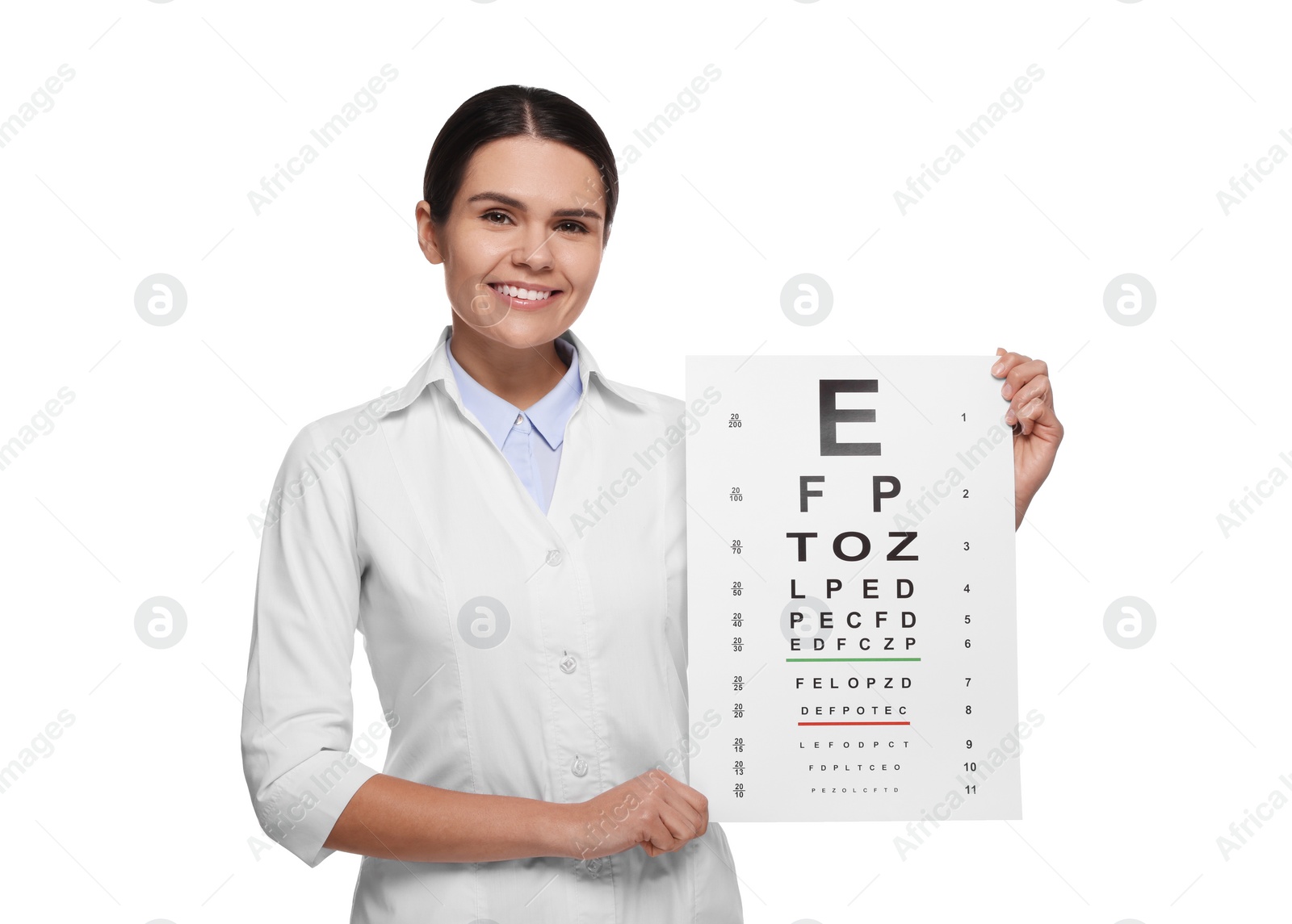 Photo of Ophthalmologist with vision test chart on white background