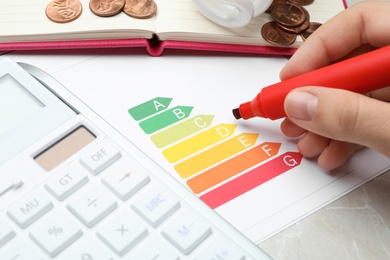 Photo of Woman with marker, energy efficiency rating chart and calculator at table, closeup