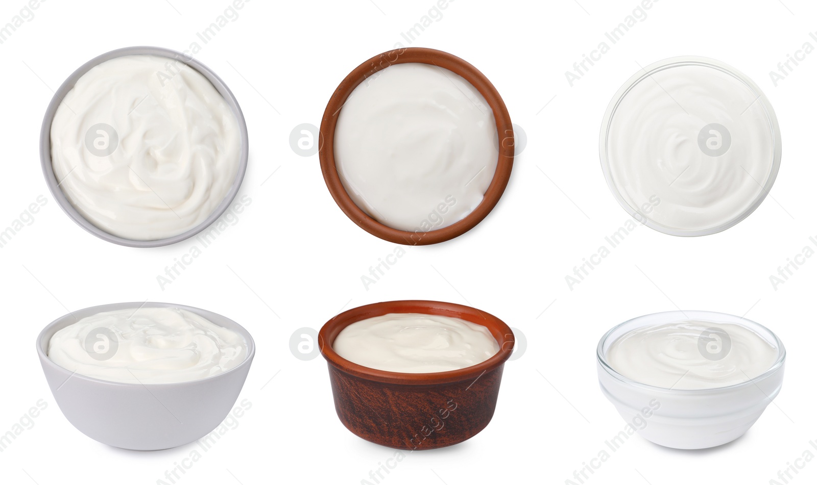 Image of Set with delicious organic yogurts on white background