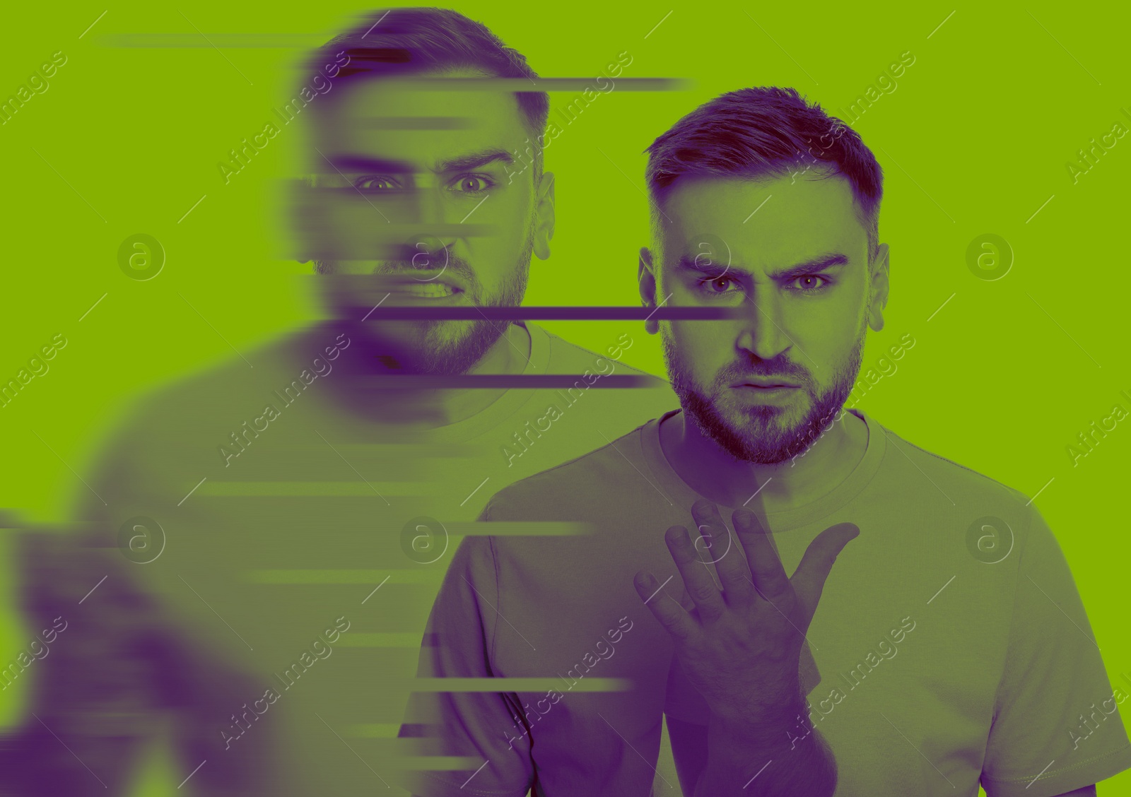 Image of Man suffering from paranoia on yellow green background, color toned. Glitch effect