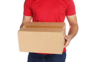 Photo of Courier with cardboard box on white background, closeup